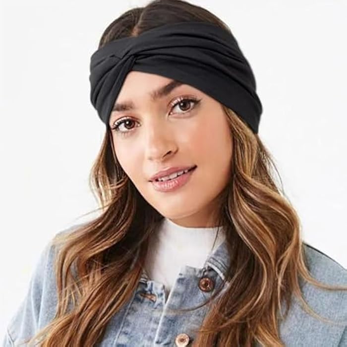 Turban Headbands for Women Wide Head Wraps Knotted Stretchy Knotted Twist Soft Cotton Headbands, Non-Slip Fashion Hair Bands for Women Yoga, Workout, Running. (Black) - Image 2
